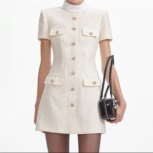 Self Portrait Cream Boucle Sequin Tweed Dress